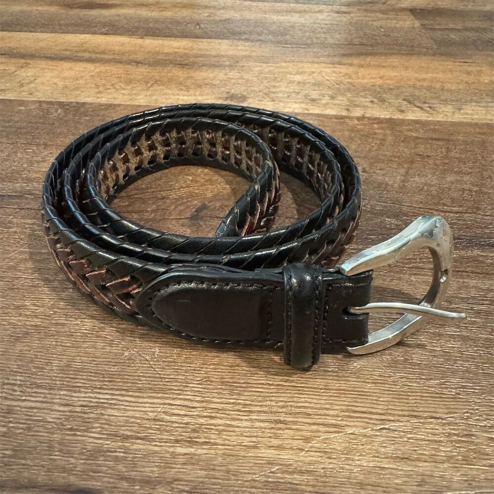Brighton Belt Mens Size 38 Black Brown Two-Tone Braided Woven Buckle FLAWS